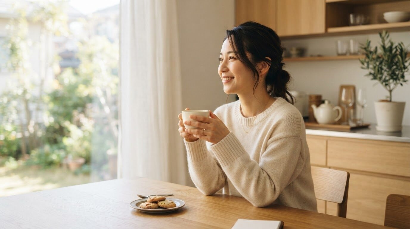 「朝のキッチンで白いコーヒーカップを手にした日本人女性が穏やかに微笑んでいる様子。記事の全体テーマを示すアイキャッチ画像」