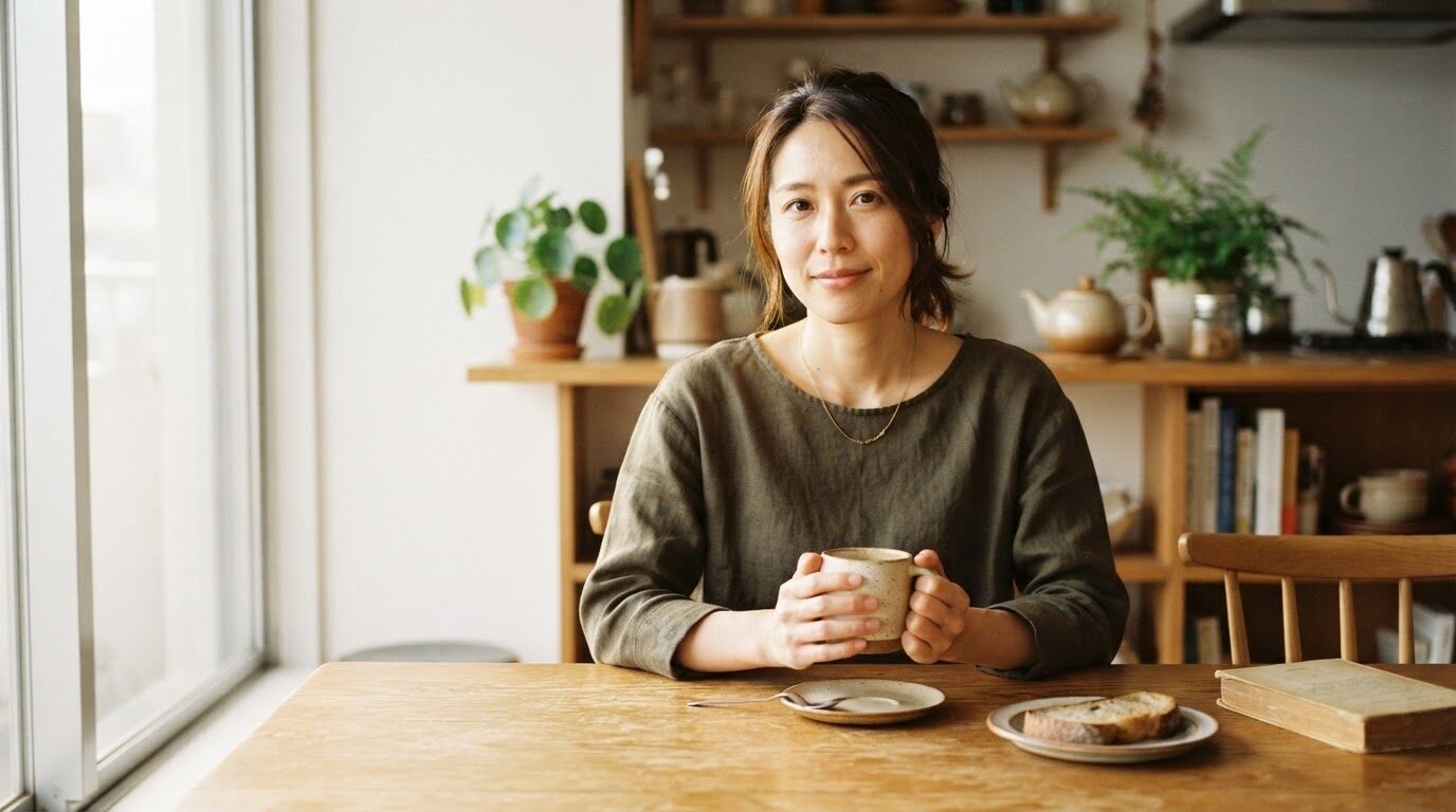 朝の明るいキッチンで温かなコーヒーカップを両手で持ち寄せる日本人女性