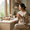 朝の静かなキッチンで、温かいコーヒーカップを両手で持ち、満足げに微笑ぶ日本人女性のライフスタイル写真。購入前にゆったり検討する朝のひとときを表現しています。
