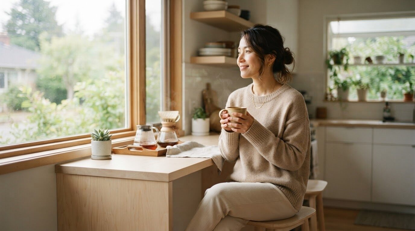 朝の静かなキッチンで、温かいコーヒーカップを両手で持ち、満足げに微笑ぶ日本人女性のライフスタイル写真。購入前にゆったり検討する朝のひとときを表現しています。