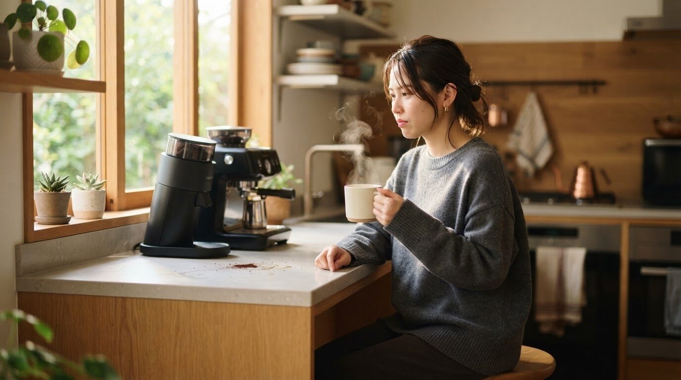 「朝のキッチンでコーヒーメーカーを見つめる日本人女性。衛生面への不安から始まった疑問を象徴する、アイキャッチ用の一枚」