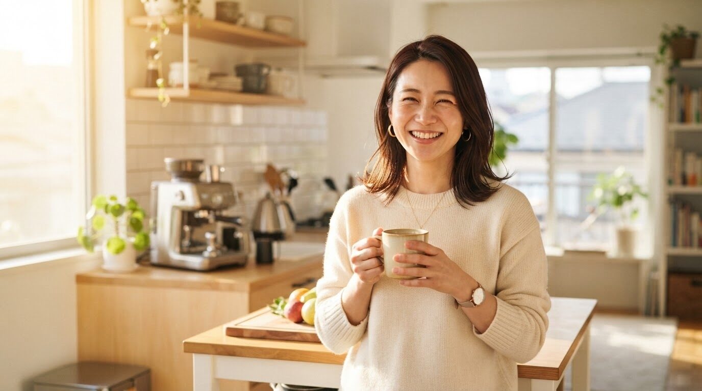 明るいミニマルなキッチンで淹れたてのコーヒーを笑顔で楽しむ30代の日本人女性。朝陽が差し込む背景に、コーヒーメーカーが柔らかくぼかされている温かなライフスタイル写真。