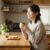 早朝の柔らかな光が差し込むキッチンで、リラックスした表情でマグカップを手にする日本人女性
