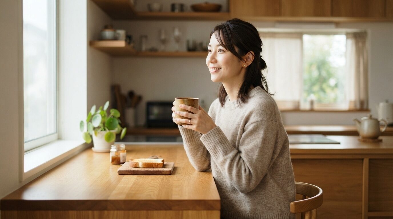 早朝の柔らかな光が差し込むキッチンで、リラックスした表情でマグカップを手にする日本人女性