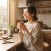 朝の日差しが差し込む明るいキッチンで、淹れたてのコーヒーを両手で楽しそうに受け取る日本人女性