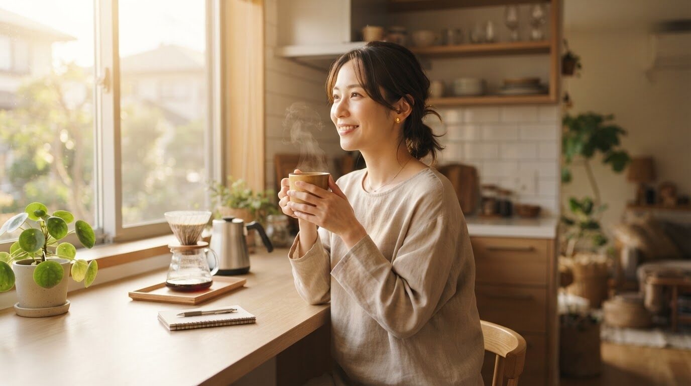朝の日差しが差し込む明るいキッチンで、淹れたてのコーヒーを両手で楽しそうに受け取る日本人女性