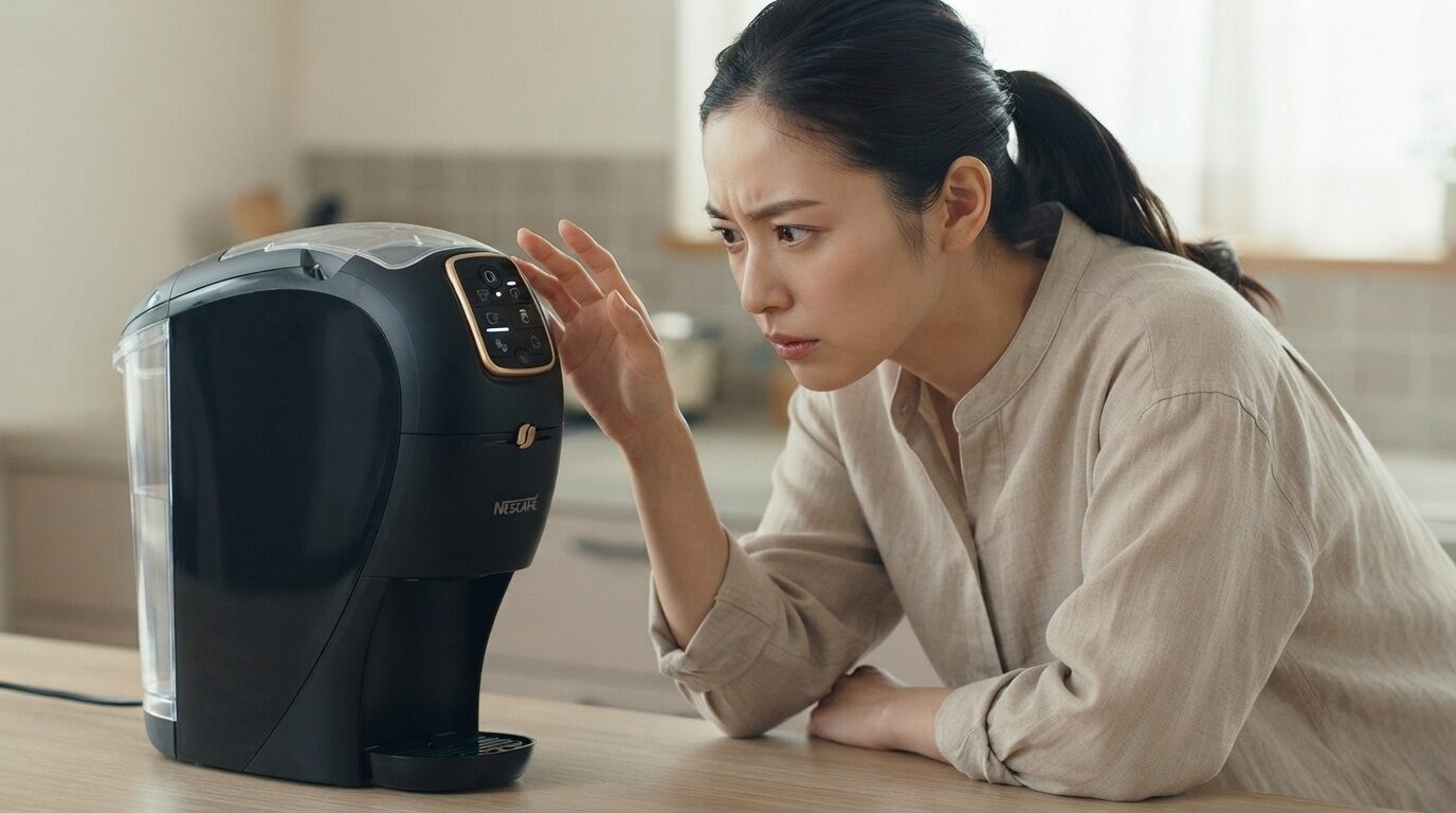台所のカウンターに置かれたネスカフェバリスタのランプの異変に気づき、不安そうに見つめる日本人女性。不慣れなトラブルに戸惑いながらも解決に向けて踏み出そうとしている様子を表現した画像。