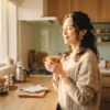 朝日の差し込む明るいキッチンで、温かいマグカップを両手で包み込みながら目を閉じて満足そうに微笑ぶ日本人女性。朝のコーヒータイムの心安まる瞬間を表現した画像です。