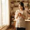 朝の柔らかな光が差し込む明るいキッチンで、温かいコーヒーを両手で穏やかに包み、目を細めて満足そうに微笑むリネンエプロン姿の日本人女性。