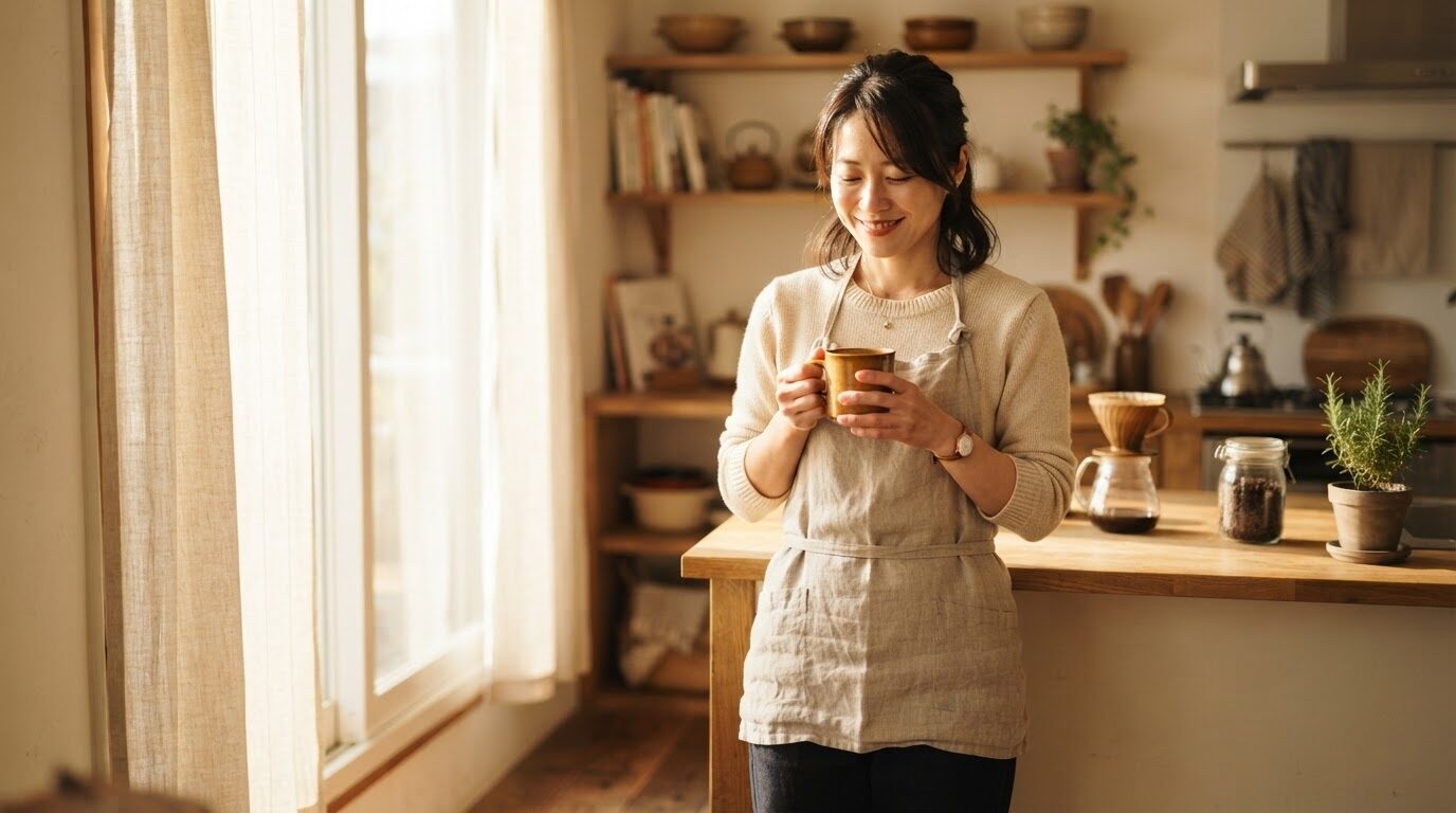 朝の柔らかな光が差し込む明るいキッチンで、温かいコーヒーを両手で穏やかに包み、目を細めて満足そうに微笑むリネンエプロン姿の日本人女性。