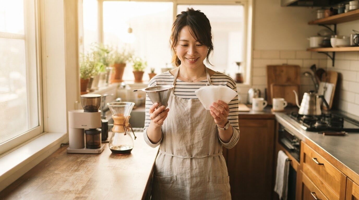 朝の日差しが差し込むキッチンで、紙フィルターとメッシュフィルターを胸の高さで両手に持ち、比較している日本人女性。背景にはコーヒー器具がぼんやり見える。