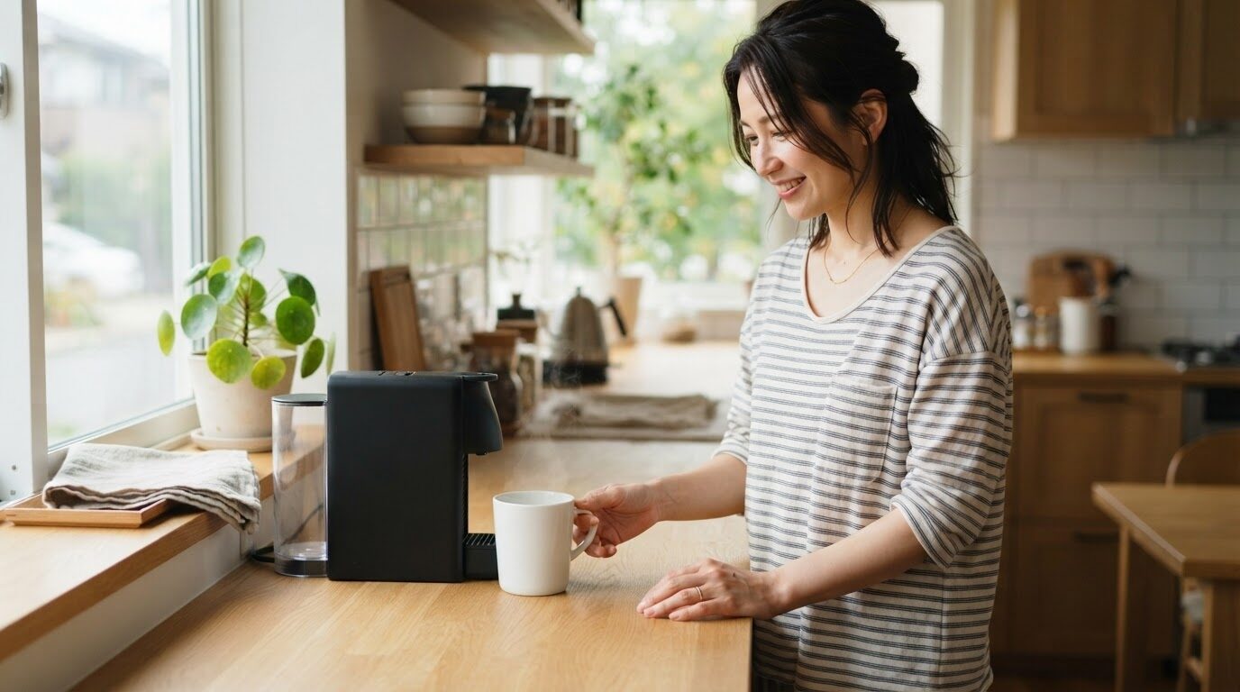 朝のキッチンで電動コーヒーメーカーを使う日本人女性の風景