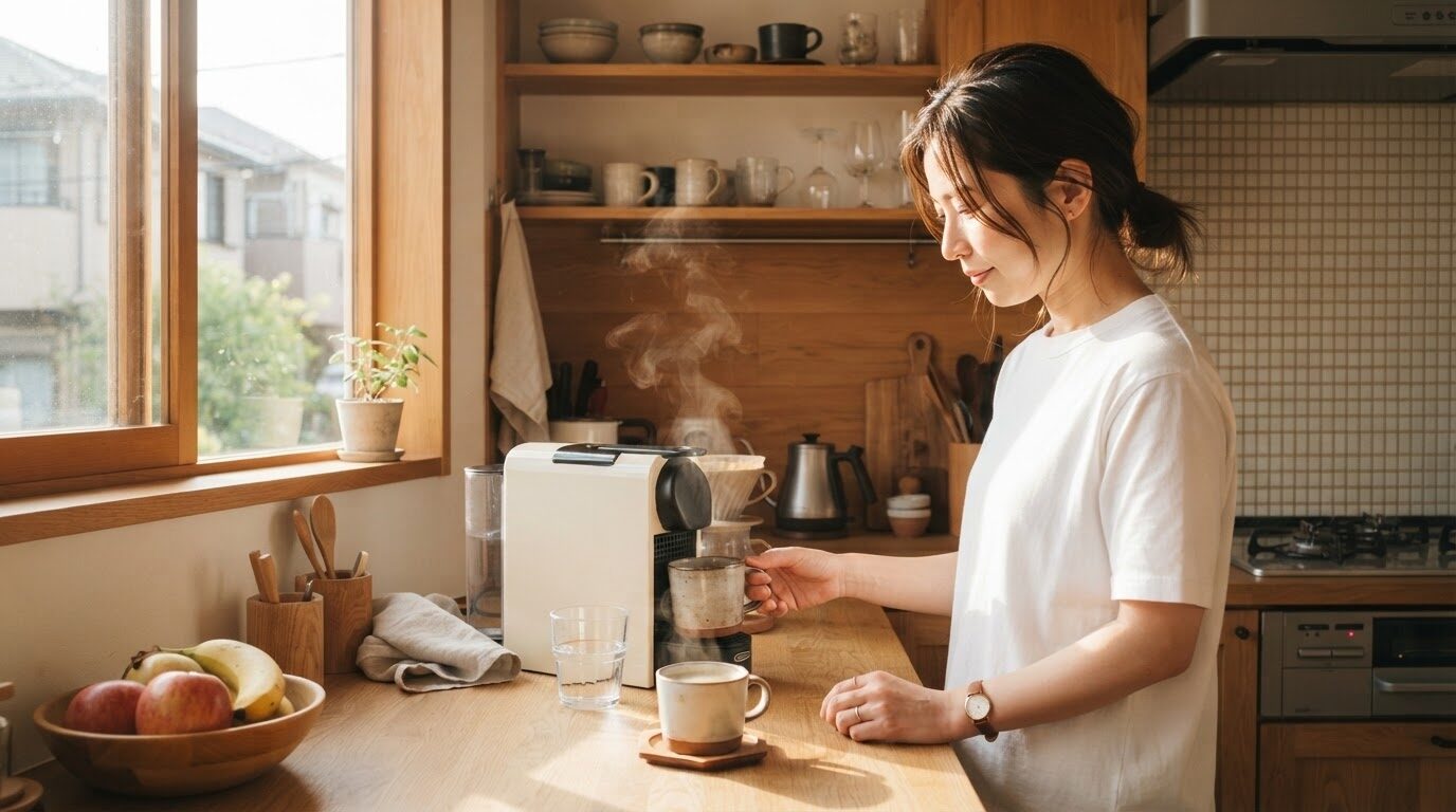 朝のキッチンで電動コーヒーメーカーを使う女性