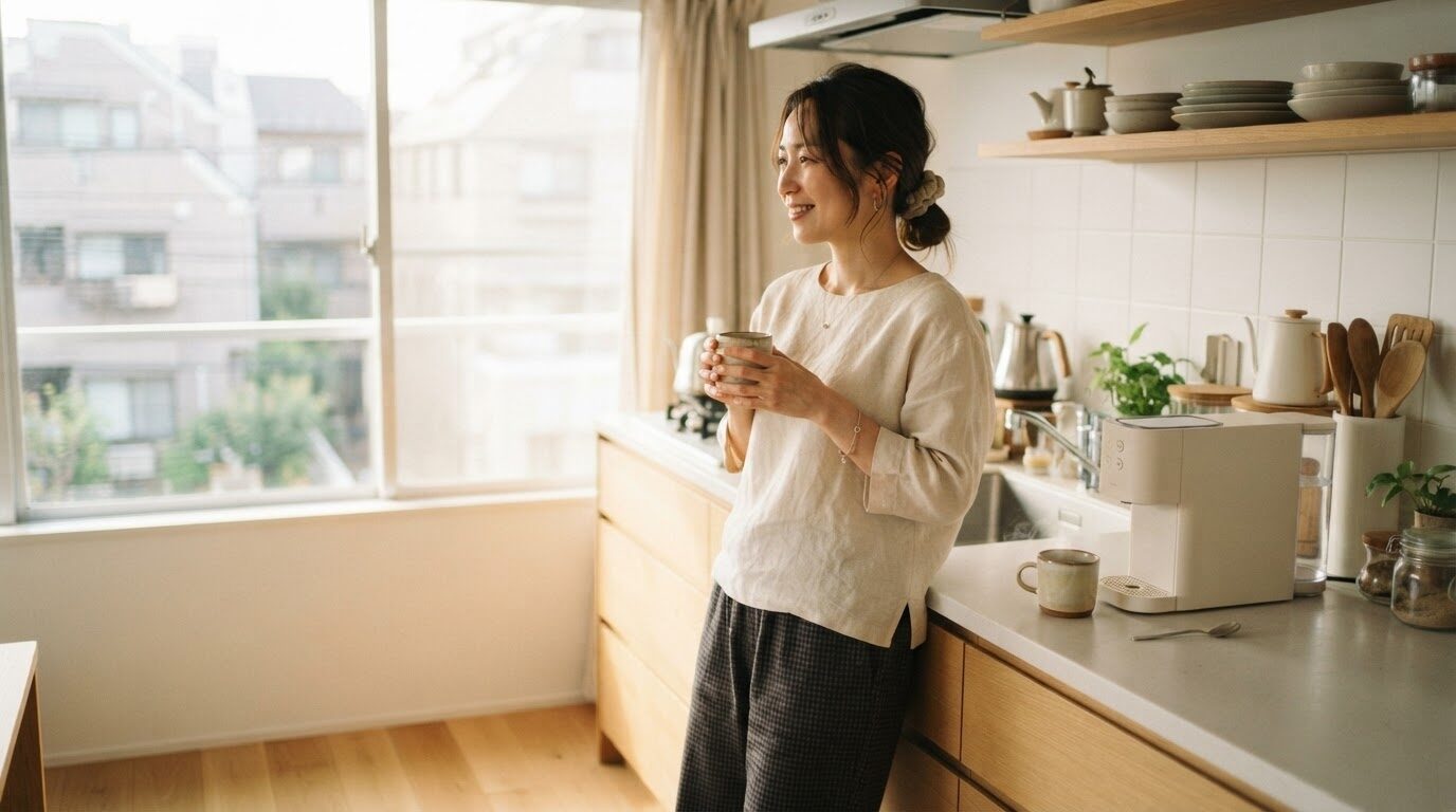 朝のキッチンに置かれた電動コーヒーメーカーのある暮らし