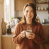 朝のキッチンで淹れたてのコーヒーを手に笑顔の日本人女性