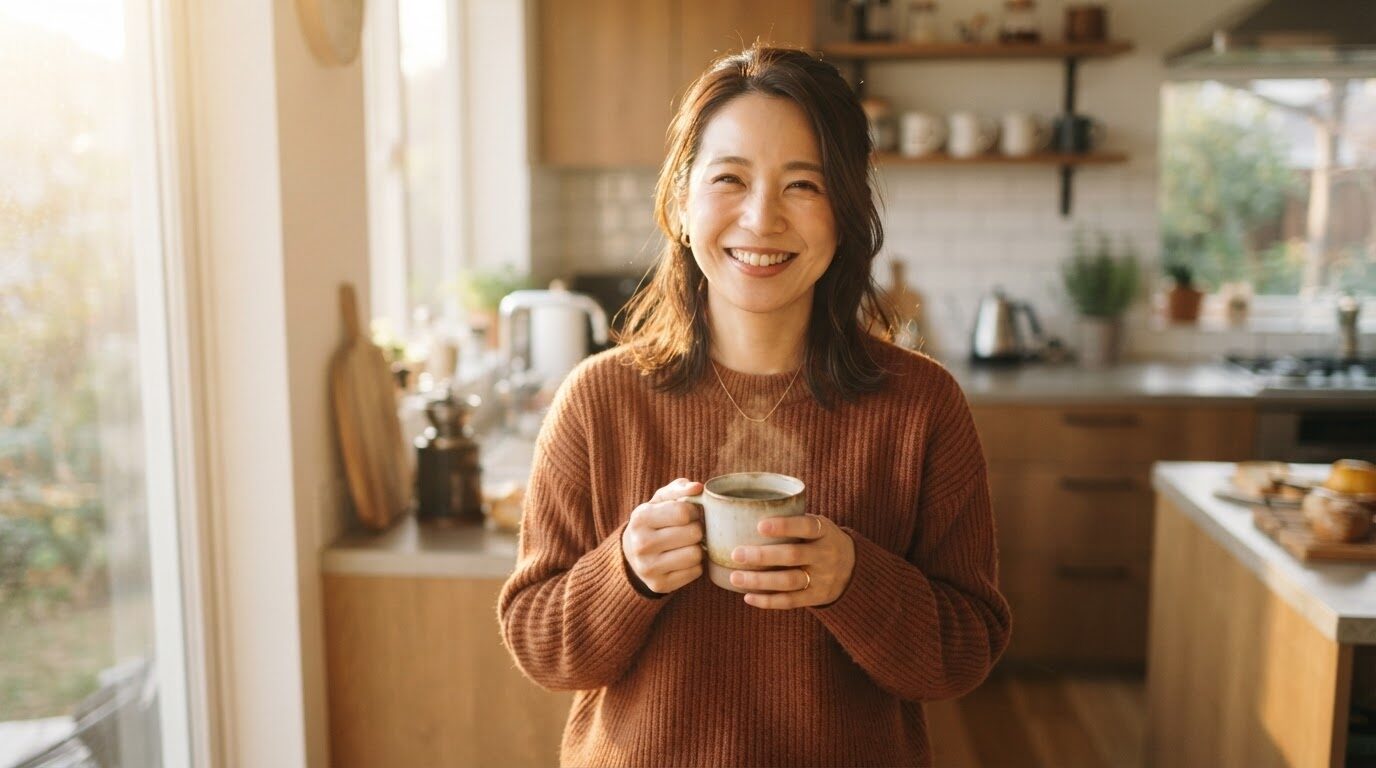 朝のキッチンで淹れたてのコーヒーを手に笑顔の日本人女性