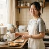 朝の日差しの中で電動コーヒーメーカーの前に立つ笑顔の日本人女性