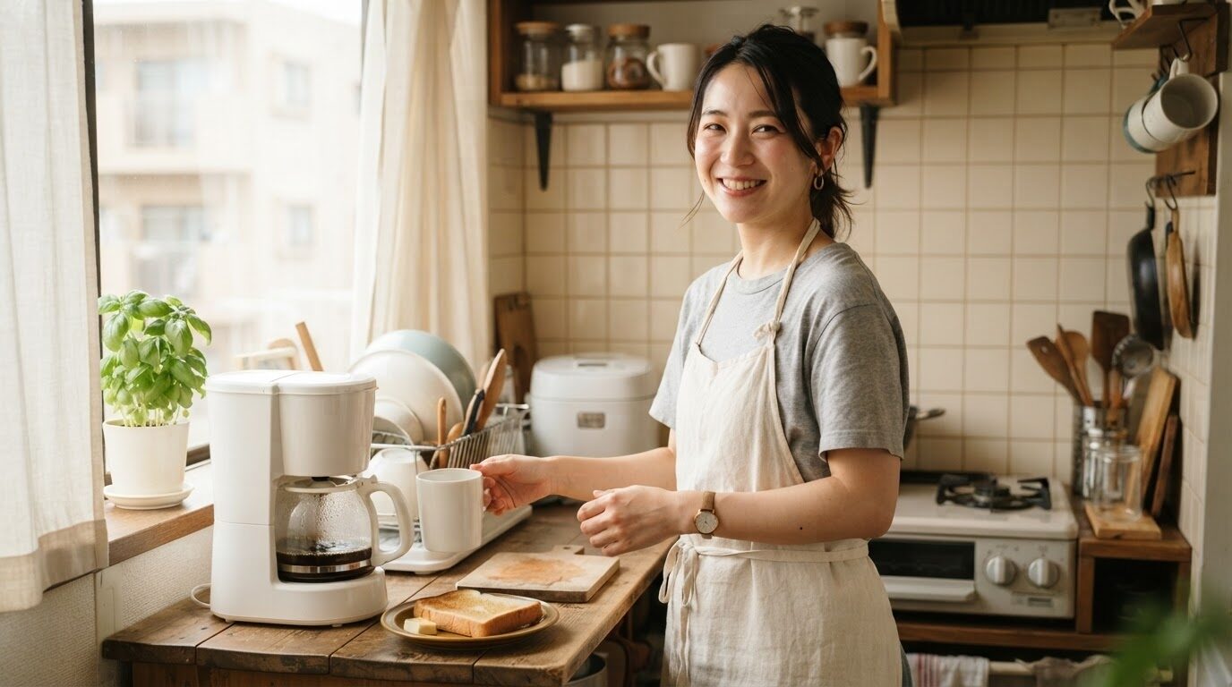 朝の日差しの中で電動コーヒーメーカーの前に立つ笑顔の日本人女性