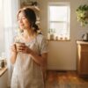 朝日の差し込むキッチンで、温かなマグカップのコーヒーを両手で包み込むように持つ日本人女性の朝のひととき