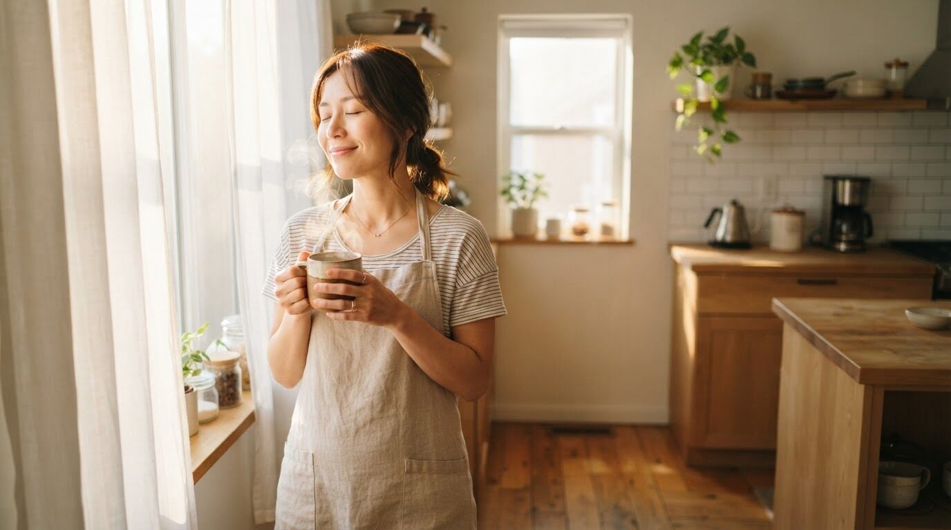 朝日の差し込むキッチンで、温かなマグカップのコーヒーを両手で包み込むように持つ日本人女性の朝のひととき