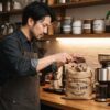 エプロンを付けた日本人男性が、麻袋から煎りたてのコーヒー豆を慎重にミルに移している。自家製のコーヒーコーナーで真剣な表情で作業する姿