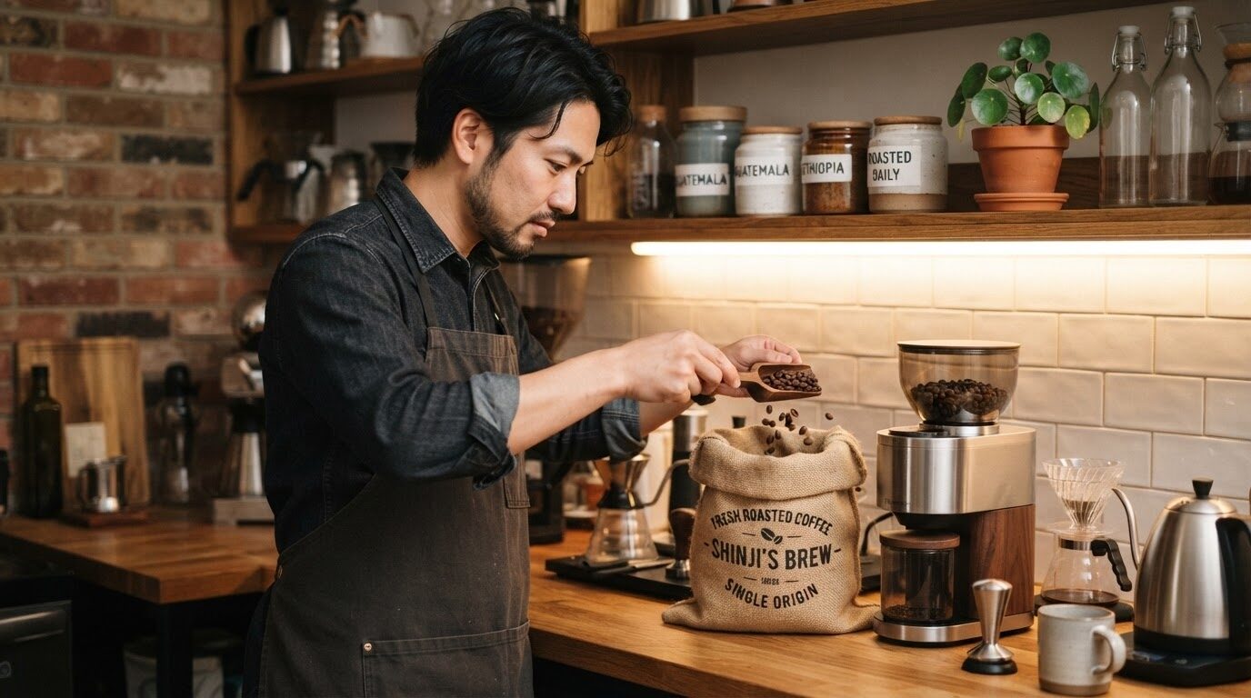 エプロンを付けた日本人男性が、麻袋から煎りたてのコーヒー豆を慎重にミルに移している。自家製のコーヒーコーナーで真剣な表情で作業する姿
