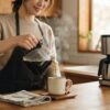 電動コーヒーメーカーから淹れたてのコーヒーをカップに注ぐ朝のシーン