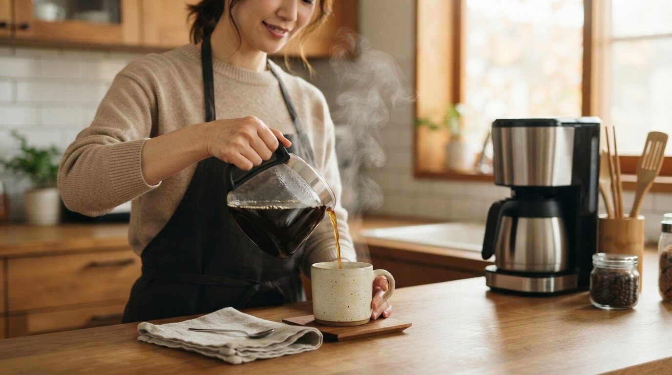 電動コーヒーメーカーから淹れたてのコーヒーをカップに注ぐ朝のシーン