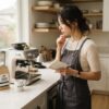 明るい現代的なキッチンでエプロンを着た30代の日本人女性がノートとペンを持ってコーヒーメーカーを真剣に見つめている様子。