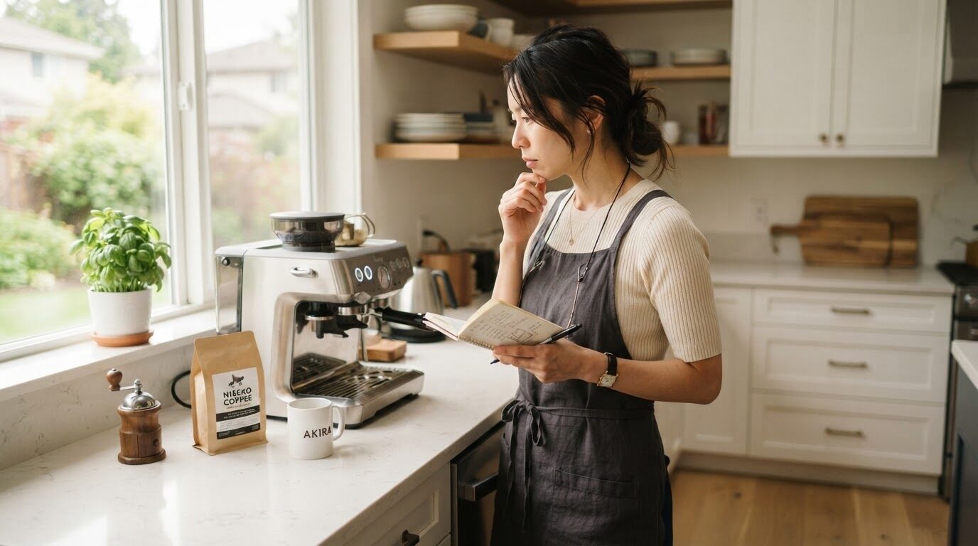 明るい現代的なキッチンでエプロンを着た30代の日本人女性がノートとペンを持ってコーヒーメーカーを真剣に見つめている様子。