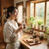 「朝のレトロなキッチンで蒸気の立つコーヒーを楽しむ日本人女性」