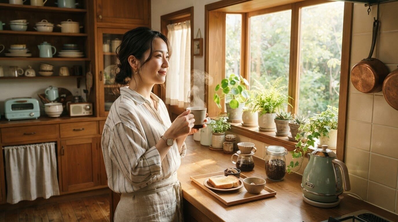 「朝のレトロなキッチンで蒸気の立つコーヒーを楽しむ日本人女性」