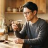 朝のキッチンでメッシュフィルターを手に取り、深刻な表情で原因を診断する日本人男性。読者の不安に共感を示し、専門家の信頼性を表現するアイキャッチ画像。