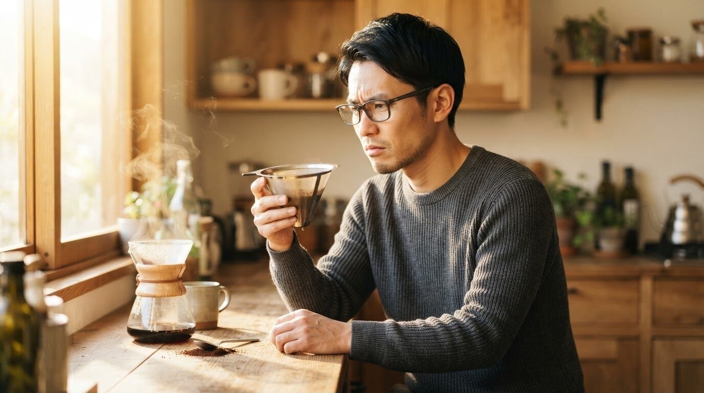 朝のキッチンでメッシュフィルターを手に取り、深刻な表情で原因を診断する日本人男性。読者の不安に共感を示し、専門家の信頼性を表現するアイキャッチ画像。