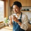 朝日が入るキッチンで淹れたてのコーヒーを両手で包みるようにして香りを堪能する日本人男性のライフスタイル写真