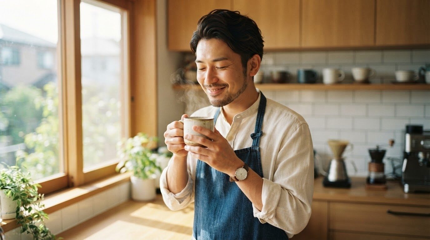 朝日が入るキッチンで淹れたてのコーヒーを両手で包みるようにして香りを堪能する日本人男性のライフスタイル写真
