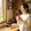 朝の光の中で湯気の立つコーヒーカップを両手で持って微笑む日本人女性のライフスタイル写真。記事に温かみと信頼感を与えるアイキャッチ画像。