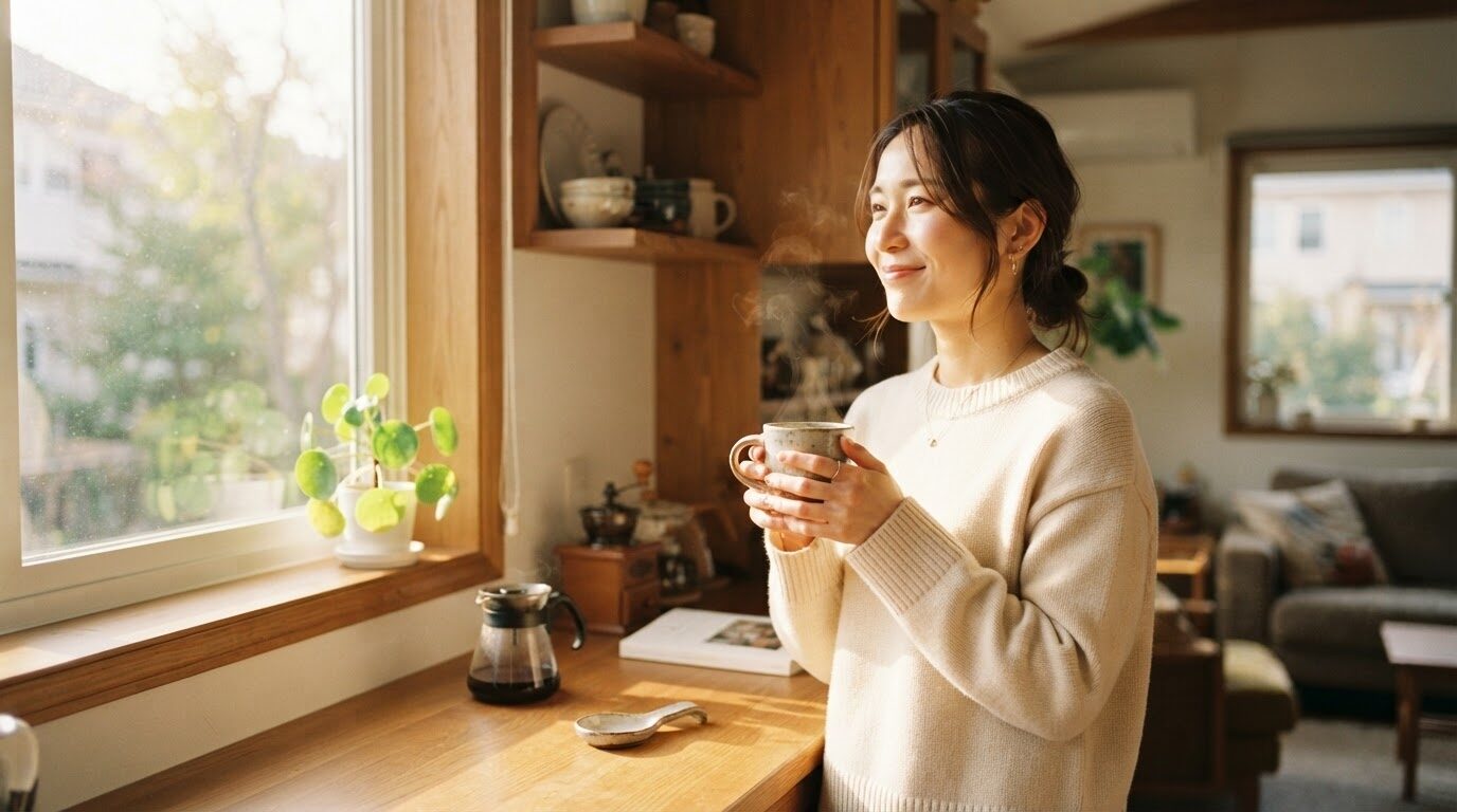 朝の光の中で湯気の立つコーヒーカップを両手で持って微笑む日本人女性のライフスタイル写真。記事に温かみと信頼感を与えるアイキャッチ画像。
