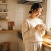 朝の日差しが差し込む明るいキッチンで、白いマグカップを手にした日本人の女性が淹れたてのコーヒーを持つ、温かみのある朝のライフスタイル写真。