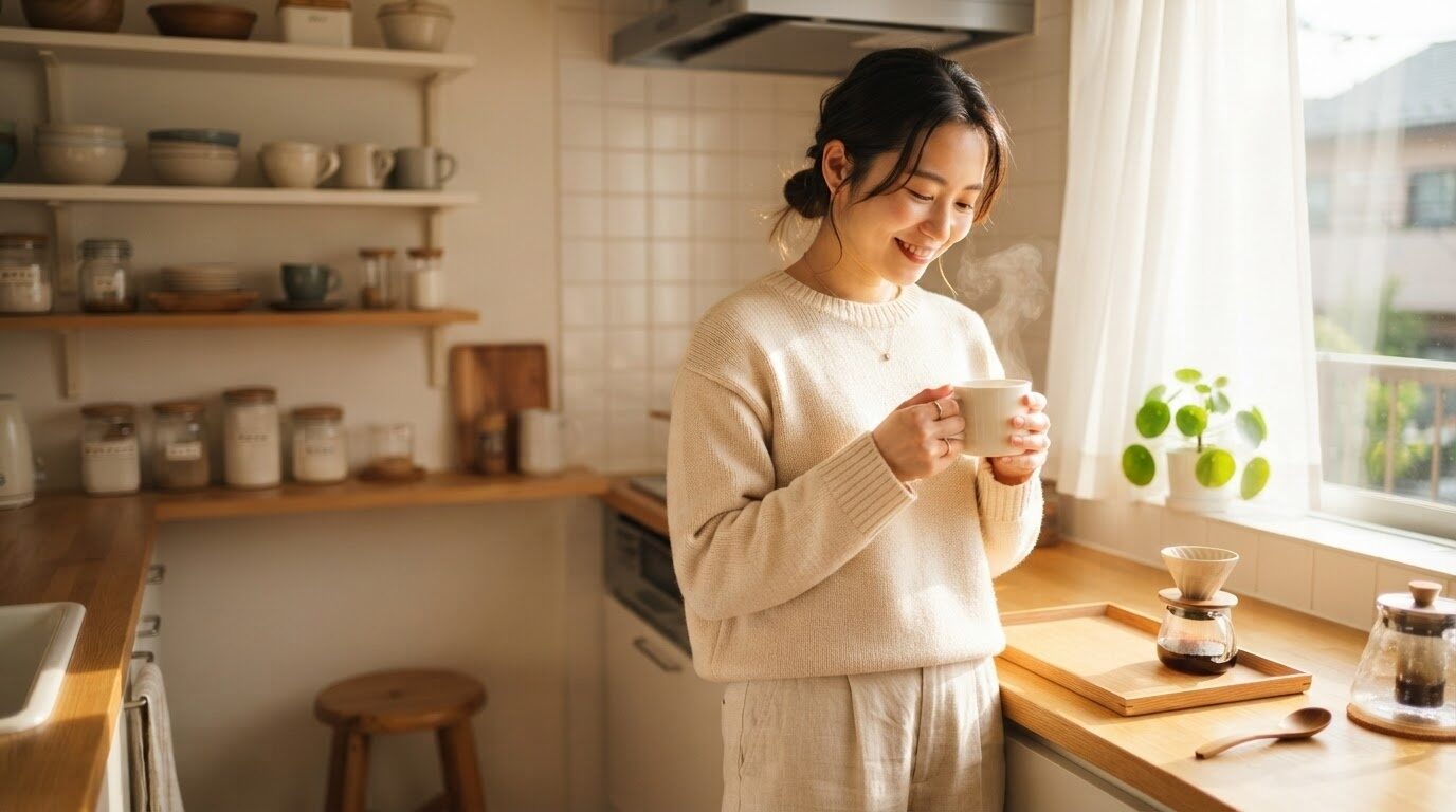 朝の日差しが差し込む明るいキッチンで、白いマグカップを手にした日本人の女性が淹れたてのコーヒーを持つ、温かみのある朝のライフスタイル写真。