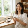 明るいキッチンで両手で温かいコーヒーを持つ、信頼感あふれる笑顔の日本人女性専門家。ネスプレッソの湯垢洗浄剤選びを案内する信頼性と専門性を表現するアイキャッチ画像。