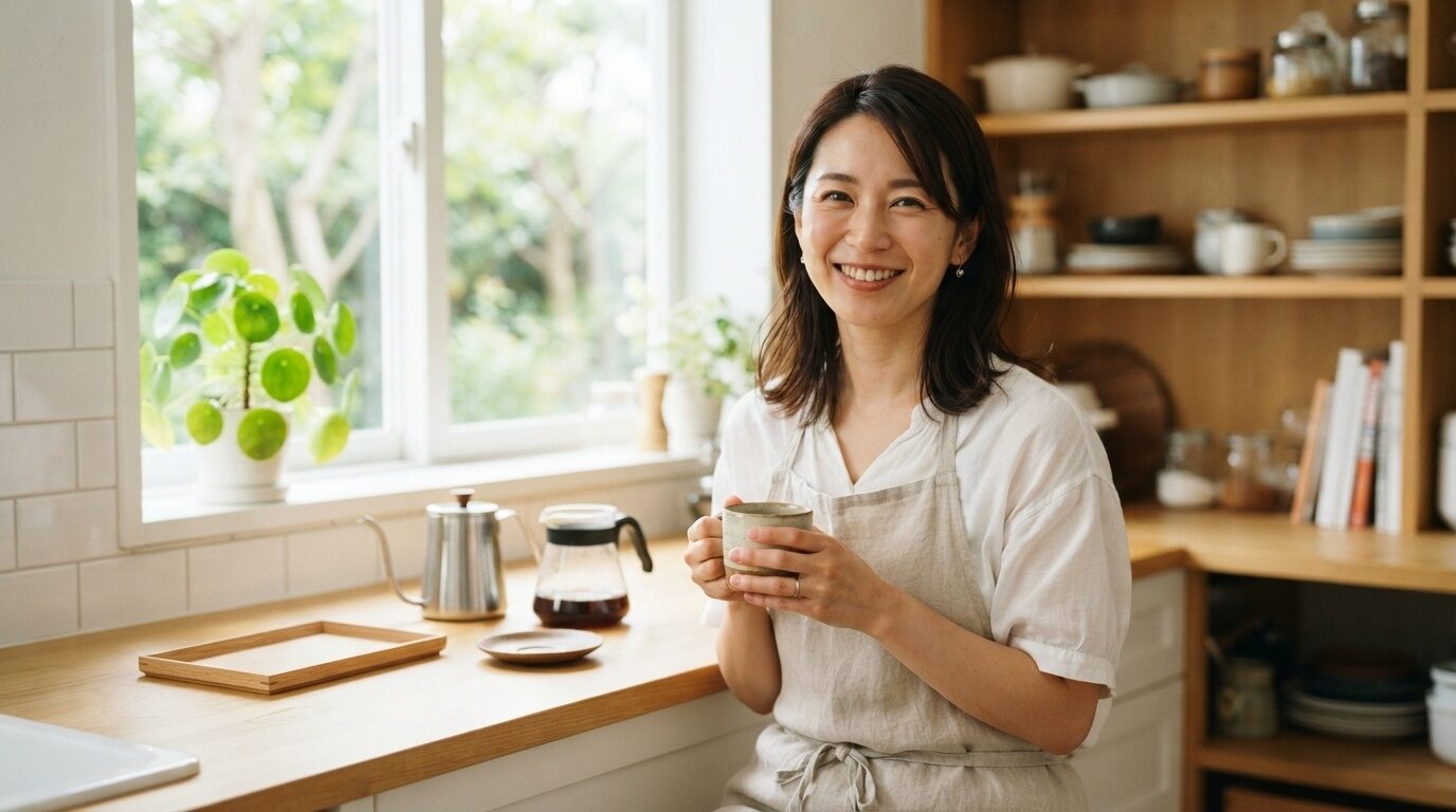 明るいキッチンで両手で温かいコーヒーを持つ、信頼感あふれる笑顔の日本人女性専門家。ネスプレッソの湯垢洗浄剤選びを案内する信頼性と専門性を表現するアイキャッチ画像。