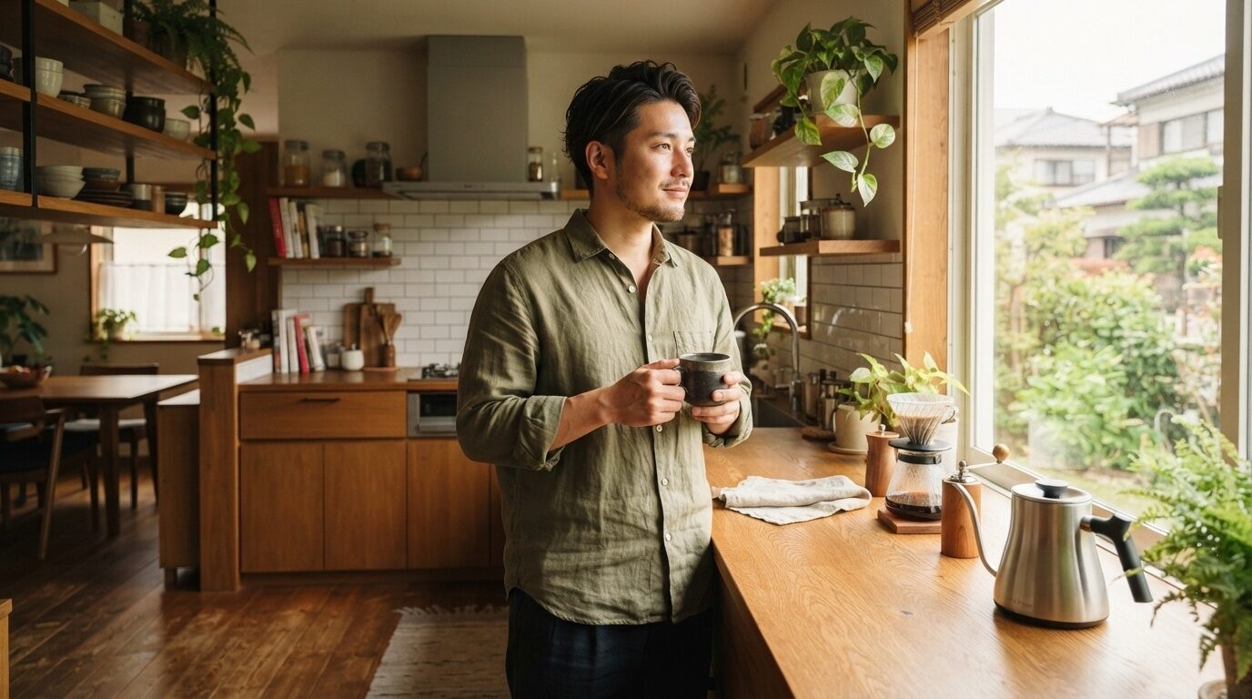 朝の木製カウンターで、磁器カップを手に窓から差し込む光を見つめる日本人男性のリラックスした朝のひととき