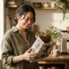 朝陽の差し込むキッチンで、空のコーヒーメーカー段ボール箱を手に穏やかに微笑む日本人女性。背景にぼやけたコーヒーメーカー。