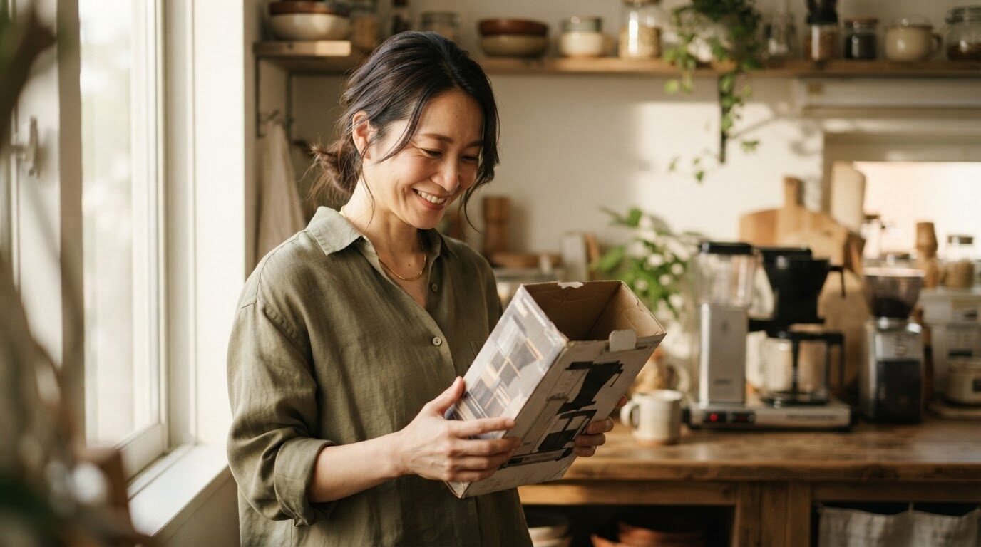 朝陽の差し込むキッチンで、空のコーヒーメーカー段ボール箱を手に穏やかに微笑む日本人女性。背景にぼやけたコーヒーメーカー。