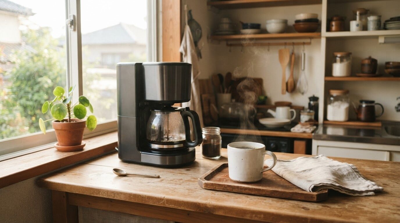 朝のキッチンに置かれた電動コーヒーメーカーのある朝の風景