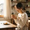 朝の陽光が差し込む居心地の良いキッチンで、エプロン姿の日本人女性がマグカップを持ち、ゆっくりとコーヒーを味わいながら微笑んでいる、良質な暮らしの一コマを表現した温かいライフスタイル写真。