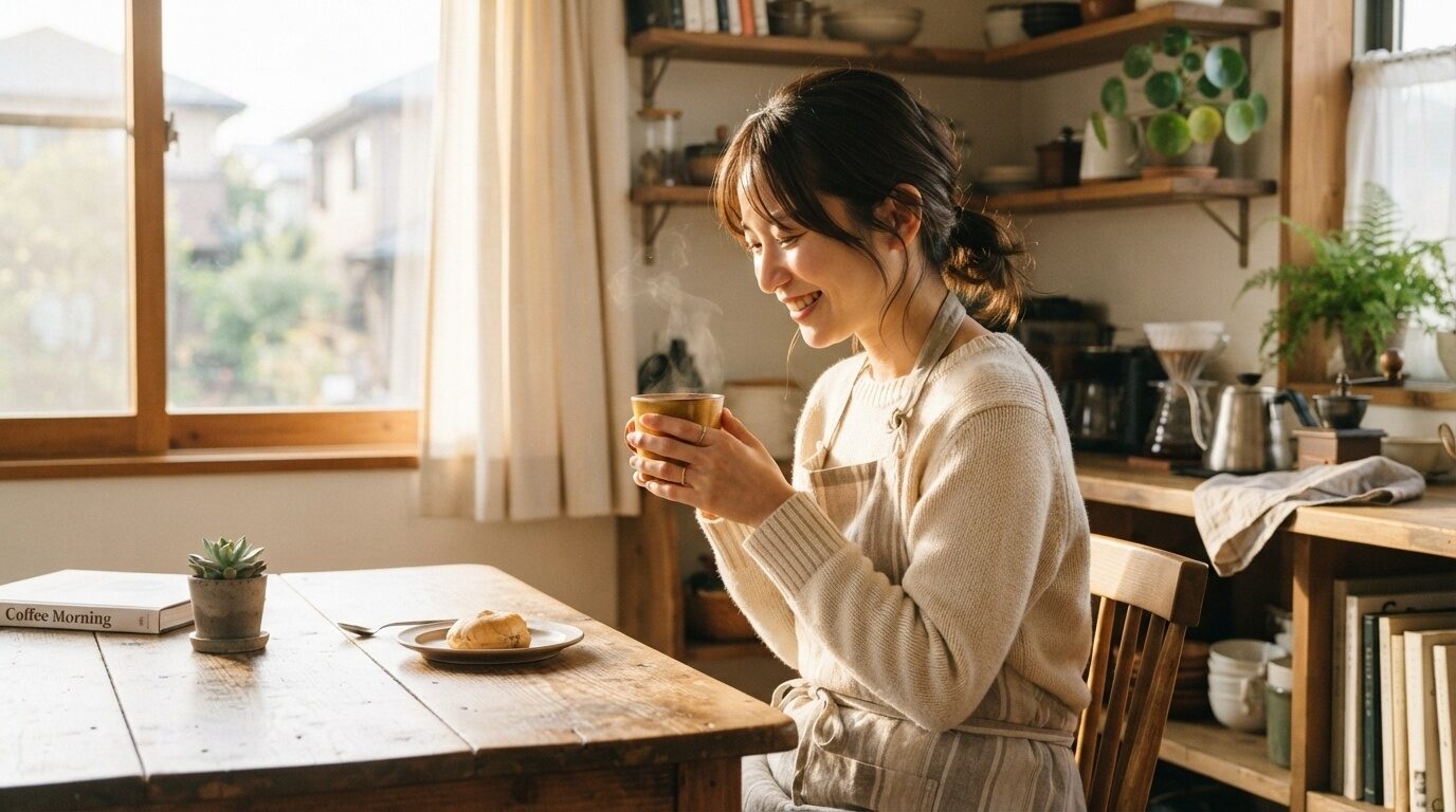 朝の陽光が差し込む居心地の良いキッチンで、エプロン姿の日本人女性がマグカップを持ち、ゆっくりとコーヒーを味わいながら微笑んでいる、良質な暮らしの一コマを表現した温かいライフスタイル写真。
