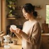 朝の柔らかな日差しが入るキッチンで、30代の日本人女性が紙製のコーヒーフィルターを手に取って真剣に見極めている様子