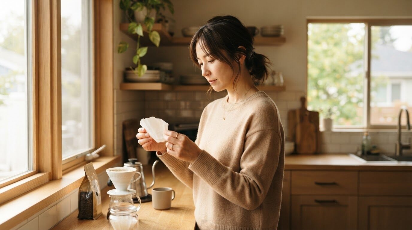 朝の柔らかな日差しが入るキッチンで、30代の日本人女性が紙製のコーヒーフィルターを手に取って真剣に見極めている様子